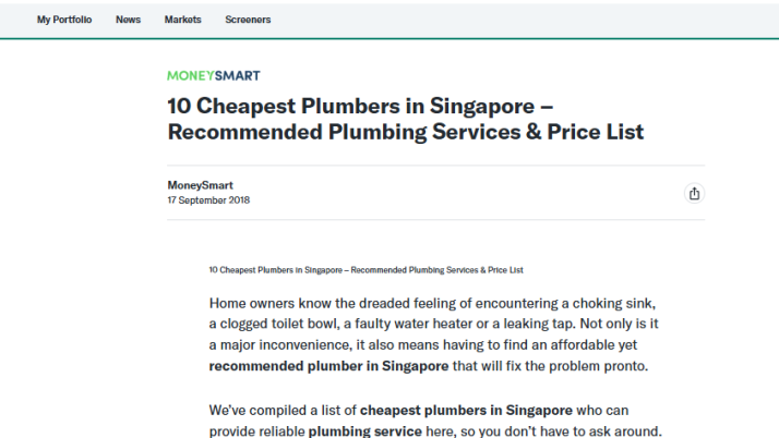 Grateful to Be Featured by Yahoo Finance in Their “10 Cheapest Plumbers in Singapore” Guide