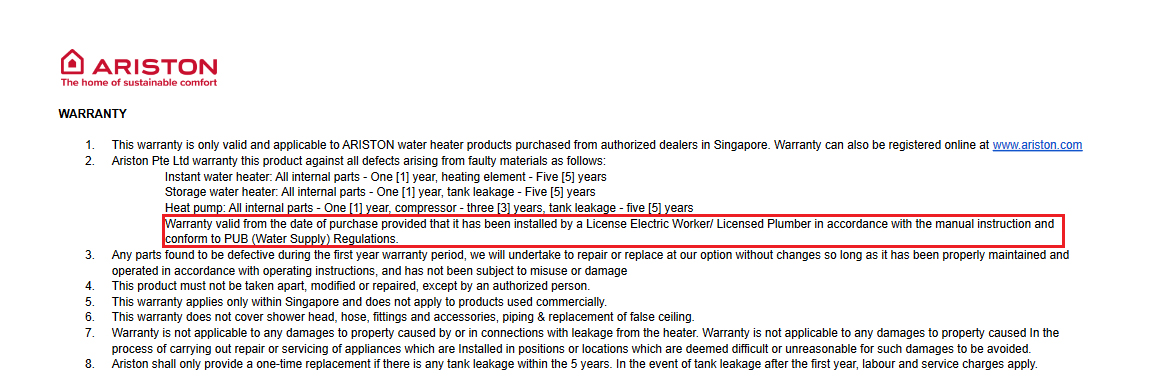 ariston warranty terms and conditions waterheatercity singapore